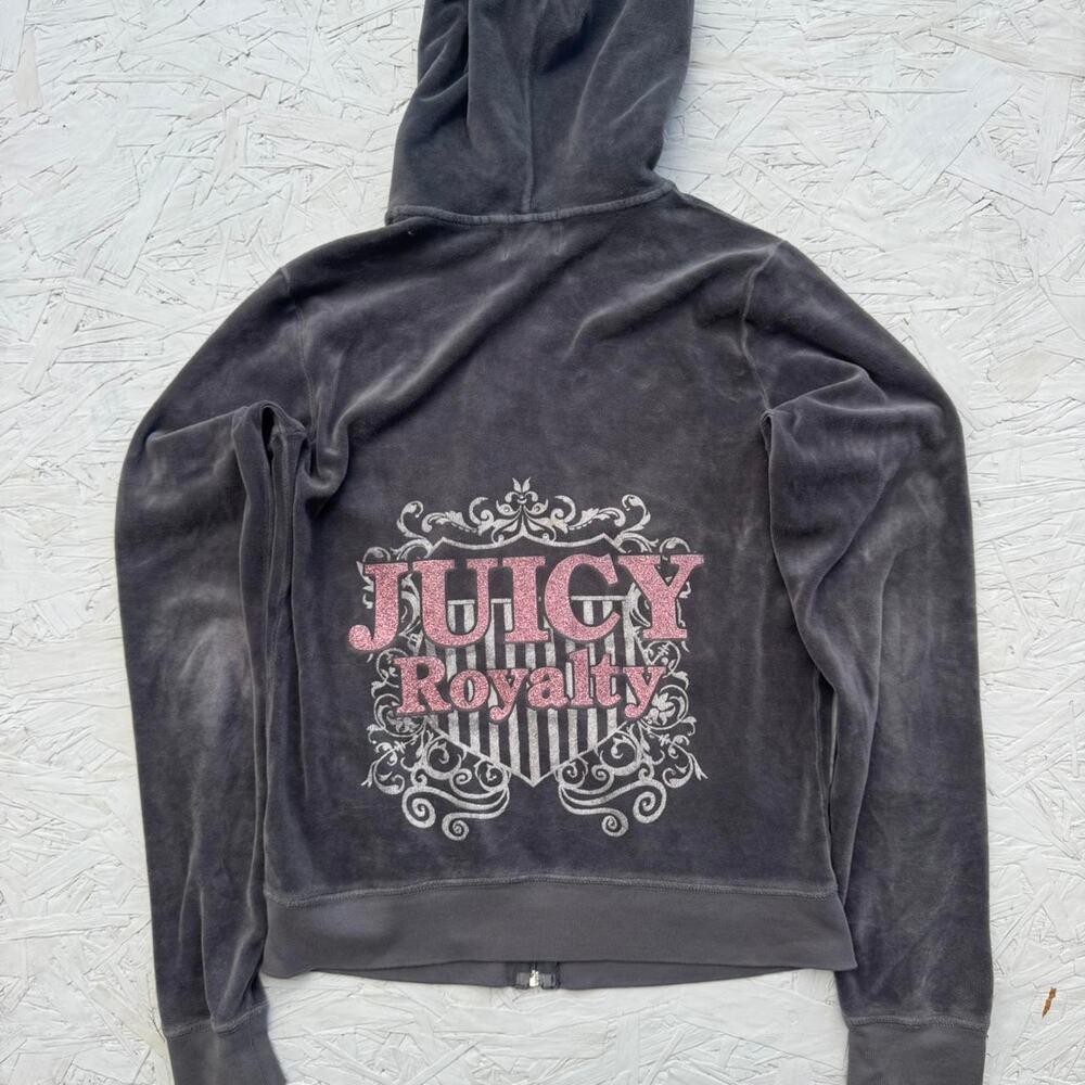 Vintage rare y2k juicy couture grey velour zip up hoodie with pink accents